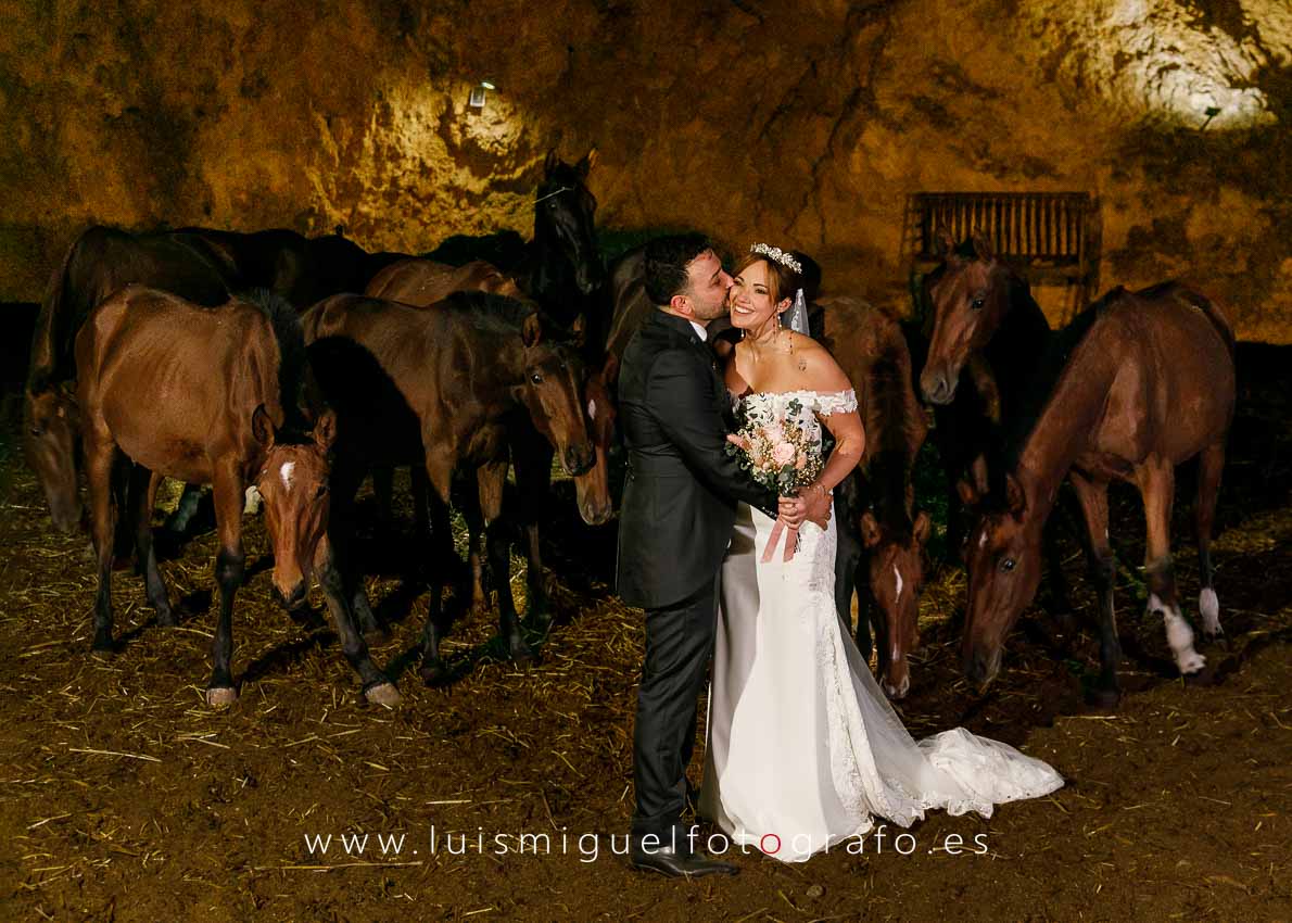 Novios Nino y María José junto a caballos en el Cortijo el Brujuelo